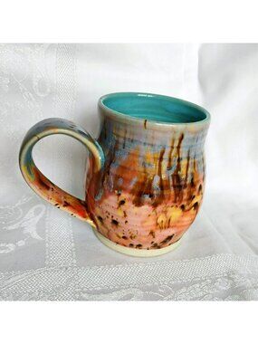 Handcrafted Ceramic Mug, Aqua Multicolor Glaze, Artist Signed T Harding, Pottery